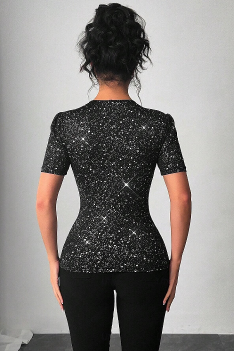 Ladies' Fashionable And Sexy Short Sleeved Round Neck Regular T-Shirt, Suitable For Weekend Parties, Sequined Mesh Black