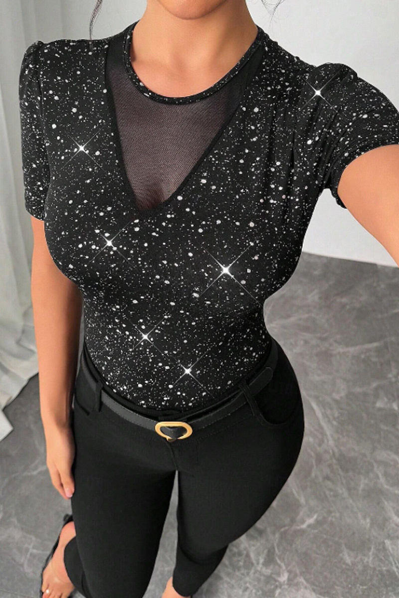 Ladies' Fashionable And Sexy Short Sleeved Round Neck Regular T-Shirt, Suitable For Weekend Parties, Sequined Mesh Black
