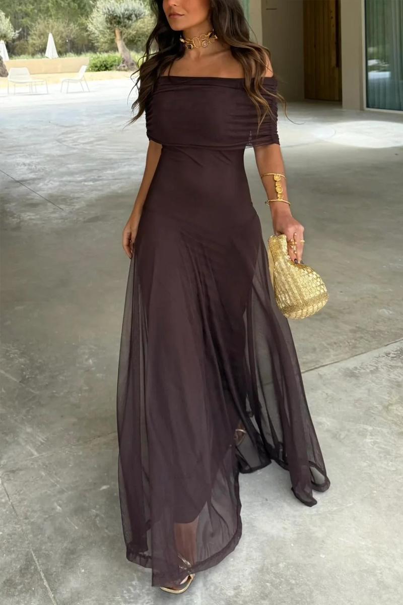 Ladies' Elegant One Shoulder Mesh Long Dress