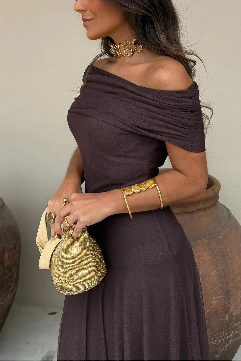 Ladies' Elegant One Shoulder Mesh Long Dress