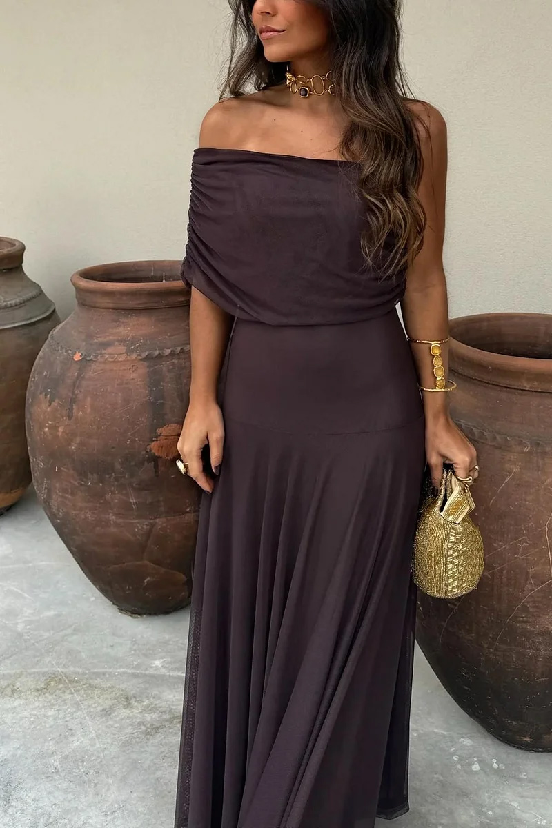 Ladies' Elegant One Shoulder Mesh Long Dress