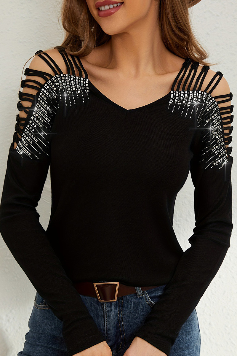 Women‘s V-Neck Rhinestone Cutout Long-Sleeve Top