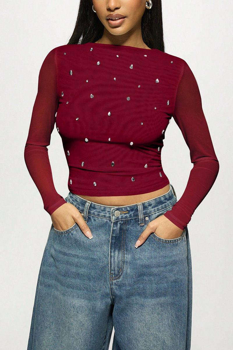 Women's Fashion Double-Layer Mesh Rhinestone Top