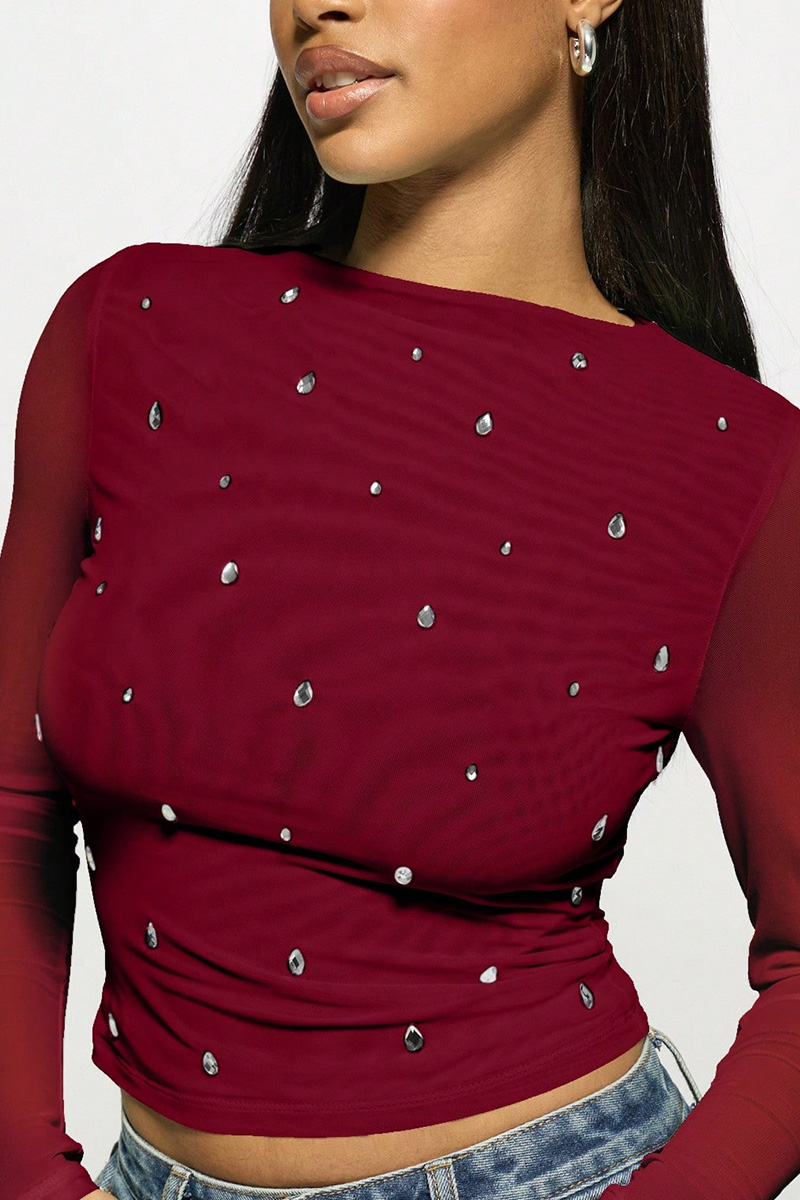 Women's Fashion Double-Layer Mesh Rhinestone Top
