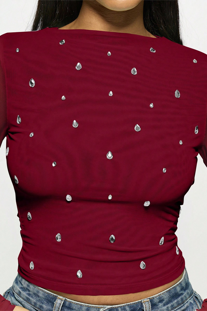 Women's Fashion Double-Layer Mesh Rhinestone Top