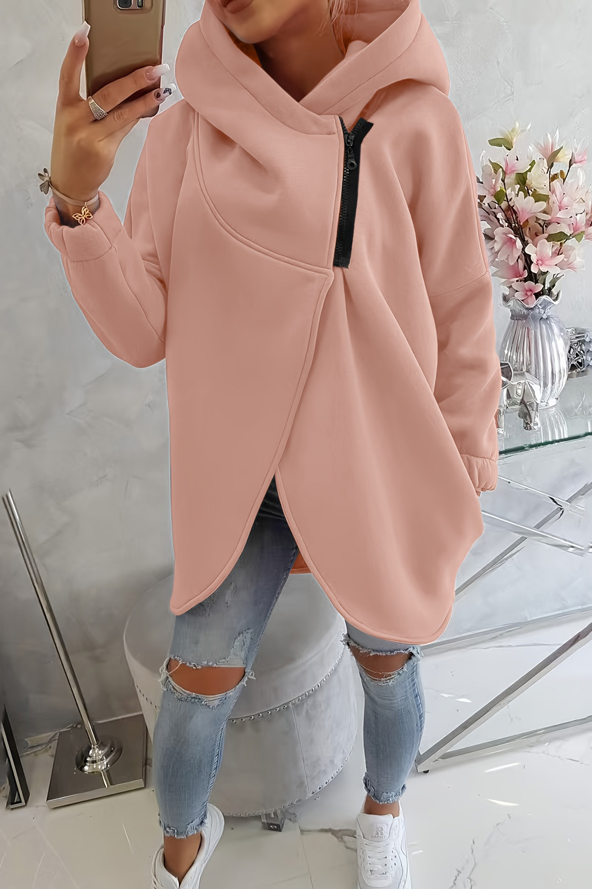 Women's Casual Zip Up Sweatshirt With Irregular Hem