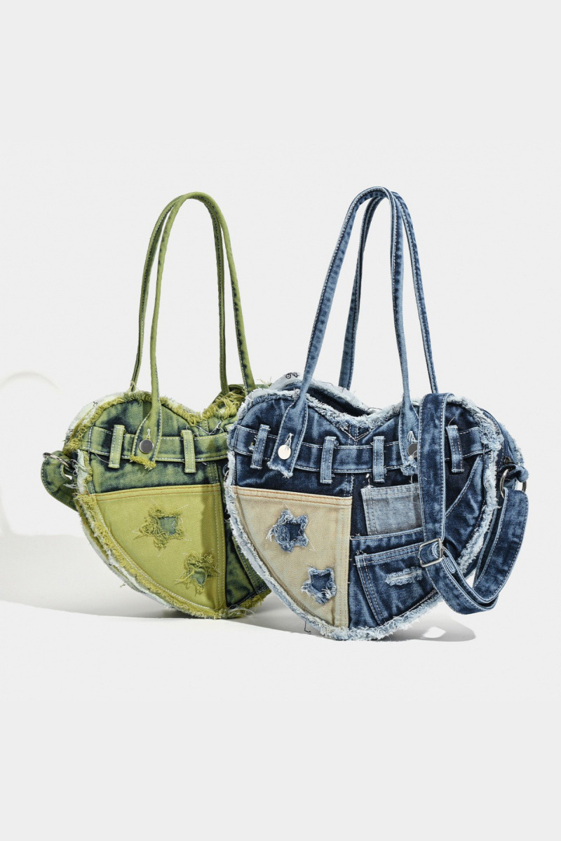 Women‘s Casual Heart Denim-Panel Shoulder Bag
