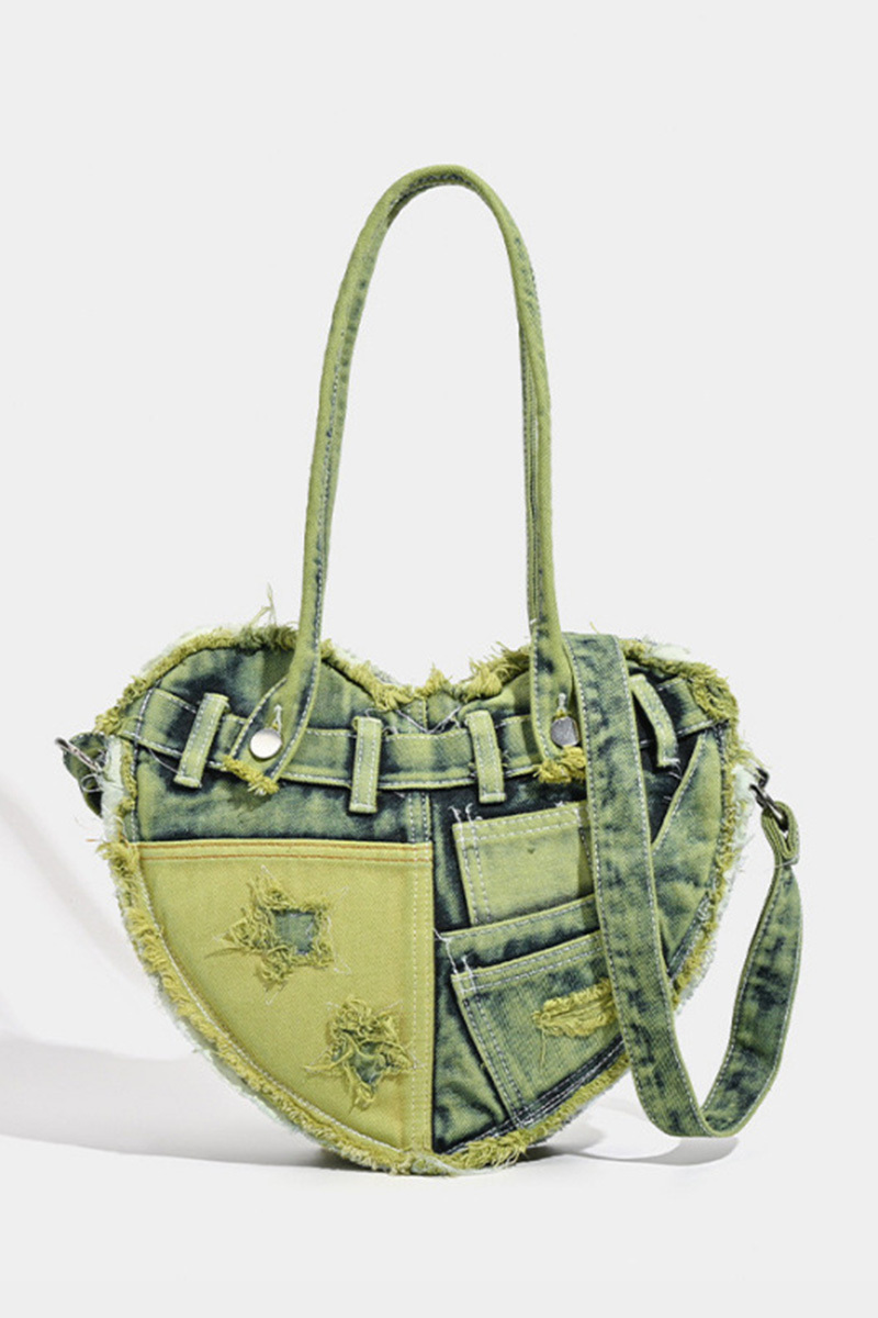 Women‘s Casual Heart Denim-Panel Shoulder Bag