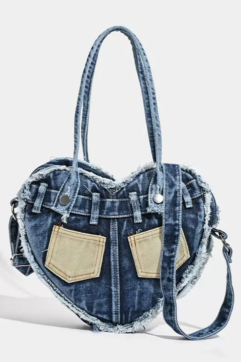 Women‘s Casual Heart Denim-Panel Shoulder Bag
