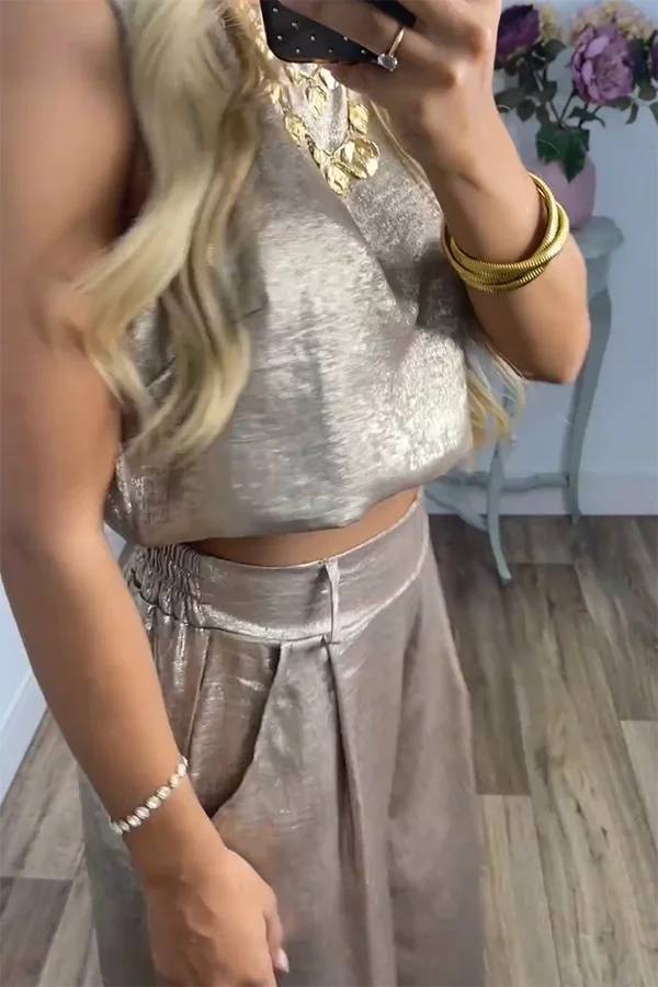 Women's Casual Shiny Vest Top ＆ Loose Fitting Pants