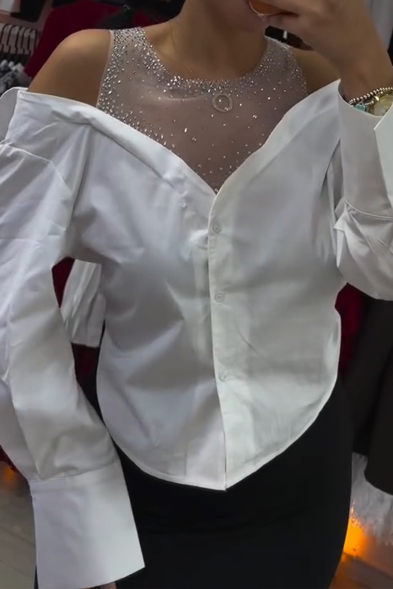 Women's Fashion Rhinestone Mesh Patchwork Shirt