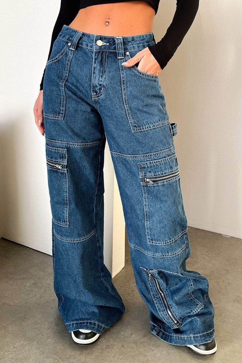 Women's Casual Retro High Waist Cargo Jeans