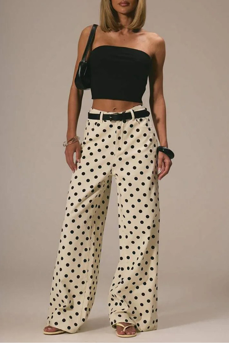 Women's Casual Mid Waist Polka Dot Wide Leg Jeans