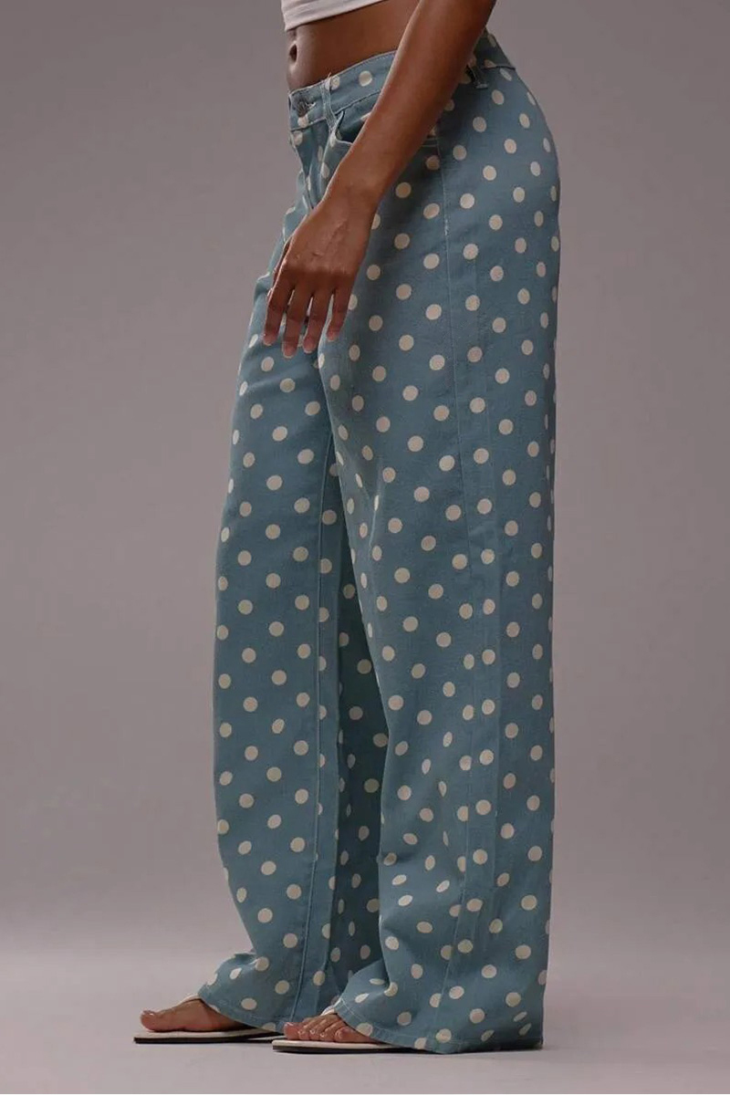 Women's Casual Mid Waist Polka Dot Wide Leg Jeans