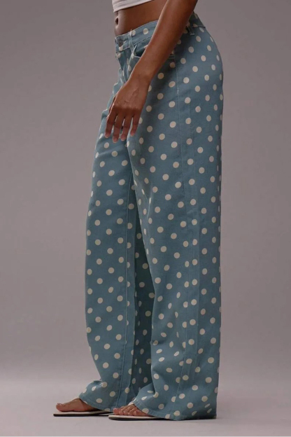 Women's Casual Mid Waist Polka Dot Wide Leg Jeans