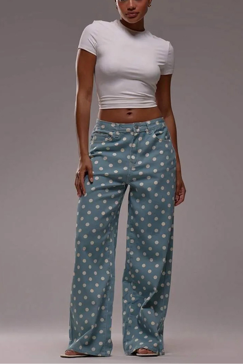 Women's Casual Mid Waist Polka Dot Wide Leg Jeans