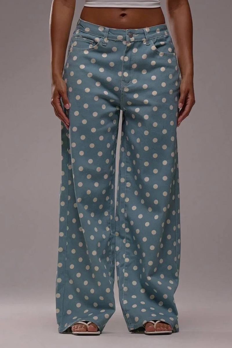 Women's Casual Mid Waist Polka Dot Wide Leg Jeans