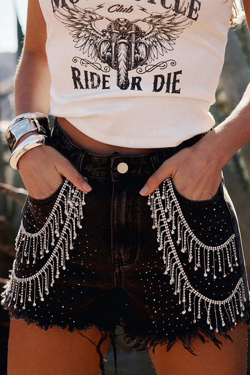 Women's Fringe Hot-Fix Rhinestone Chain Denim Shorts