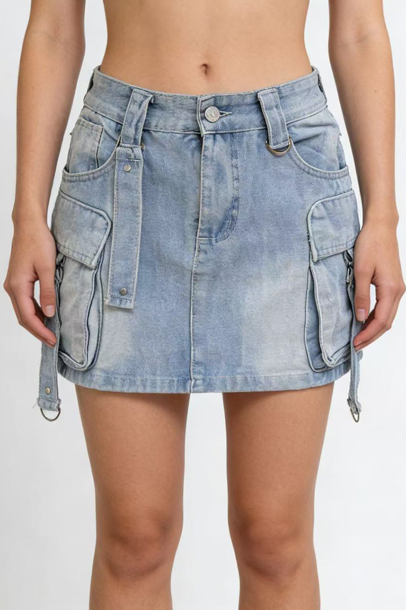 Women's Casual Large Pocket Denim Utility Short Skirt