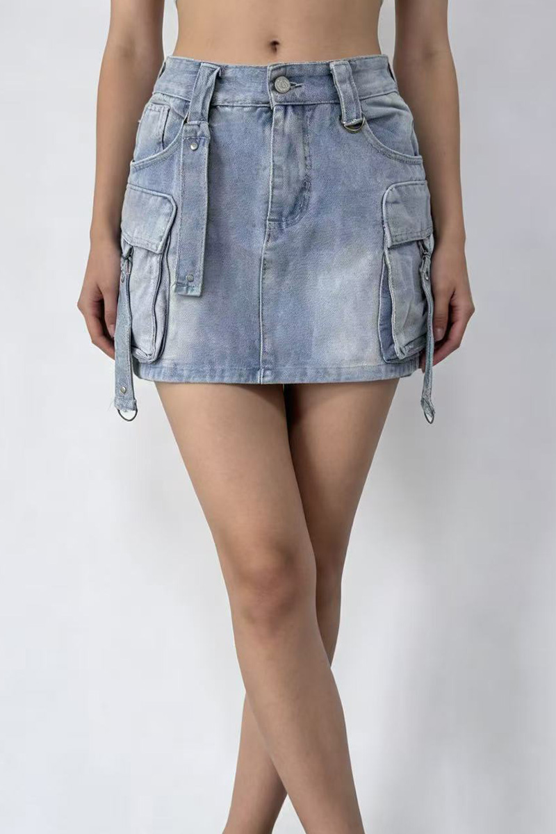 Women's Casual Large Pocket Denim Utility Short Skirt
