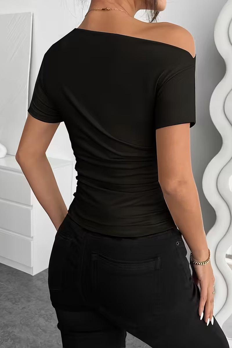 Ladies'  Casual Solid Color Off Shoulder Ruffle Asymmetrical Slim Fit T-Shirt