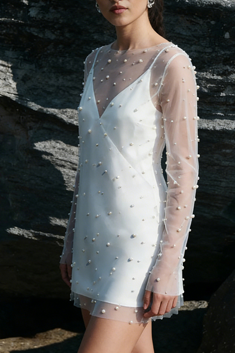 Elegant Women's Short Dress With Pearls