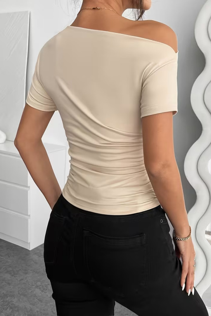 Ladies'  Casual Solid Color Off Shoulder Ruffle Asymmetrical Slim Fit T-Shirt