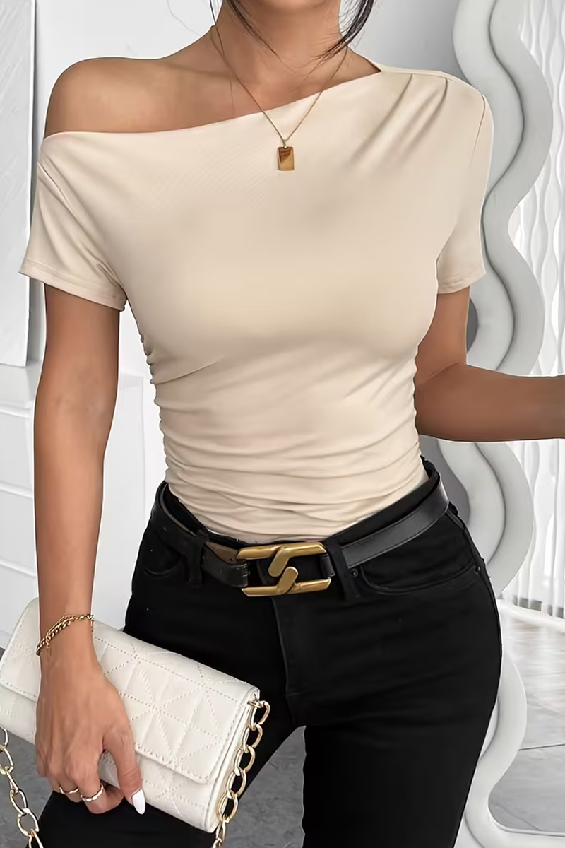 Ladies'  Casual Solid Color Off Shoulder Ruffle Asymmetrical Slim Fit T-Shirt