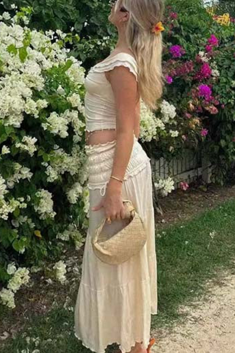 Elegant Women's Pleated Top & Pleated  Tie Waist Long Dress