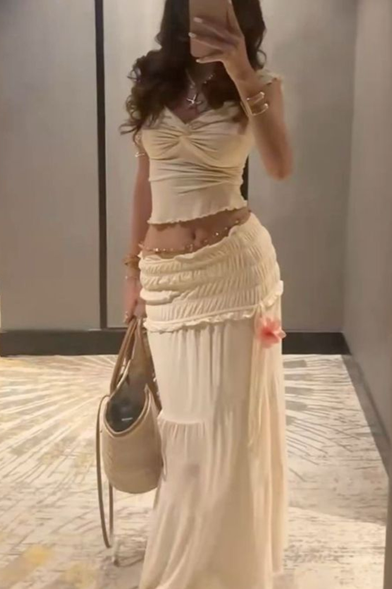 Elegant Women's Pleated Top & Pleated  Tie Waist Long Dress