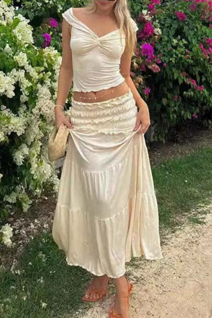 Elegant Women's Pleated Top & Pleated  Tie Waist Long Dress