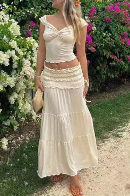 Elegant Women's Pleated Top & Pleated  Tie Waist Long Dress