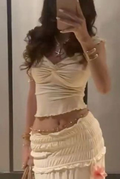 Elegant Women's Pleated Top & Pleated  Tie Waist Long Dress