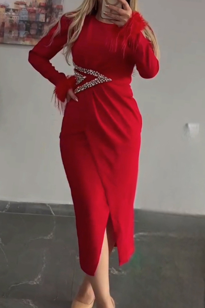 Women's Elegant Feather Cuff Rhinestone Decoration Midi Dress