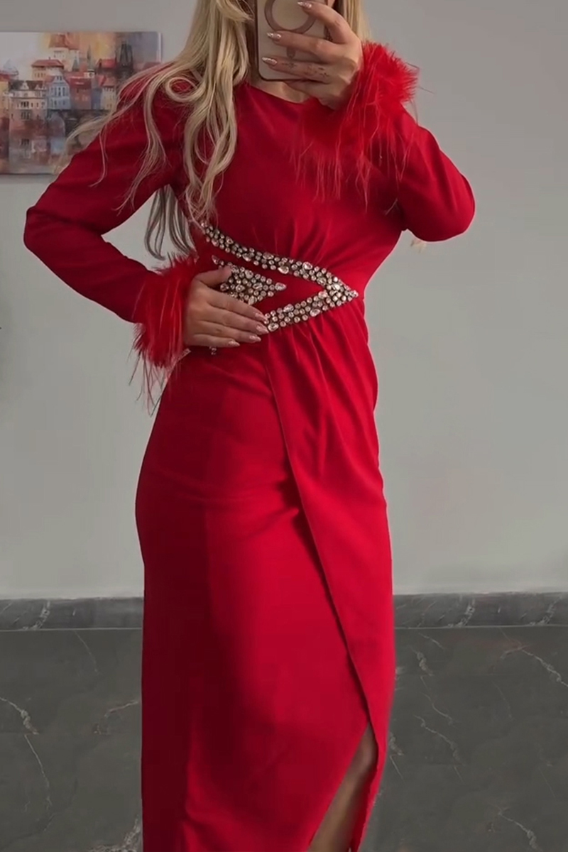Women's Elegant Feather Cuff Rhinestone Decoration Midi Dress