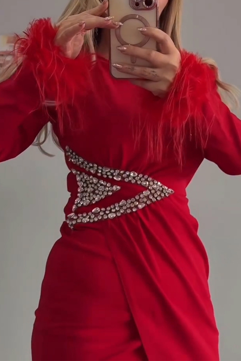 Women's Elegant Feather Cuff Rhinestone Decoration Midi Dress