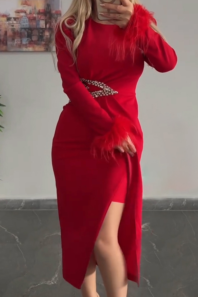 Women's Elegant Feather Cuff Rhinestone Decoration Midi Dress