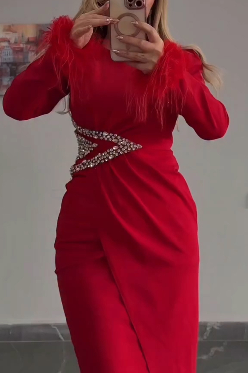 Women's Elegant Feather Cuff Rhinestone Decoration Midi Dress