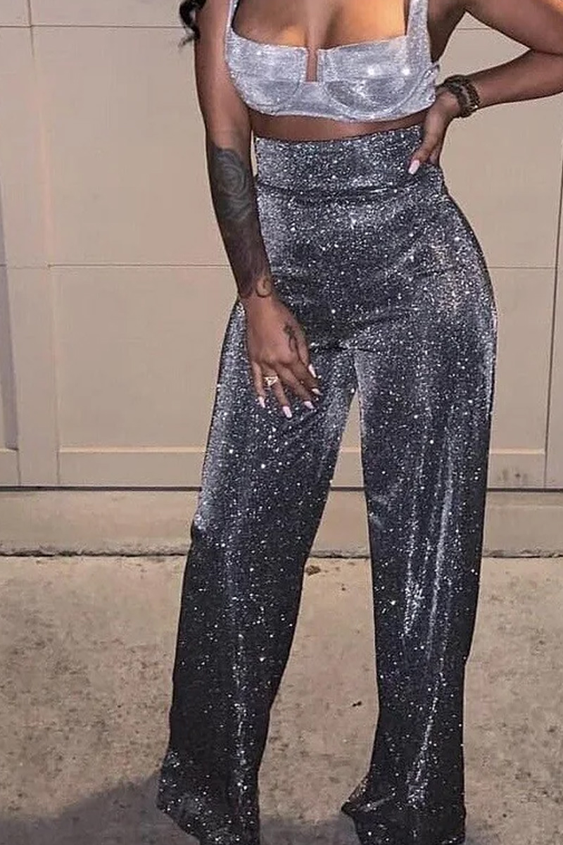 Ladies' Sexy Semi Transparent High Waisted Shiny Silk Straight Leg Pants, Y2k Fashionable Loose Wide Leg Pants