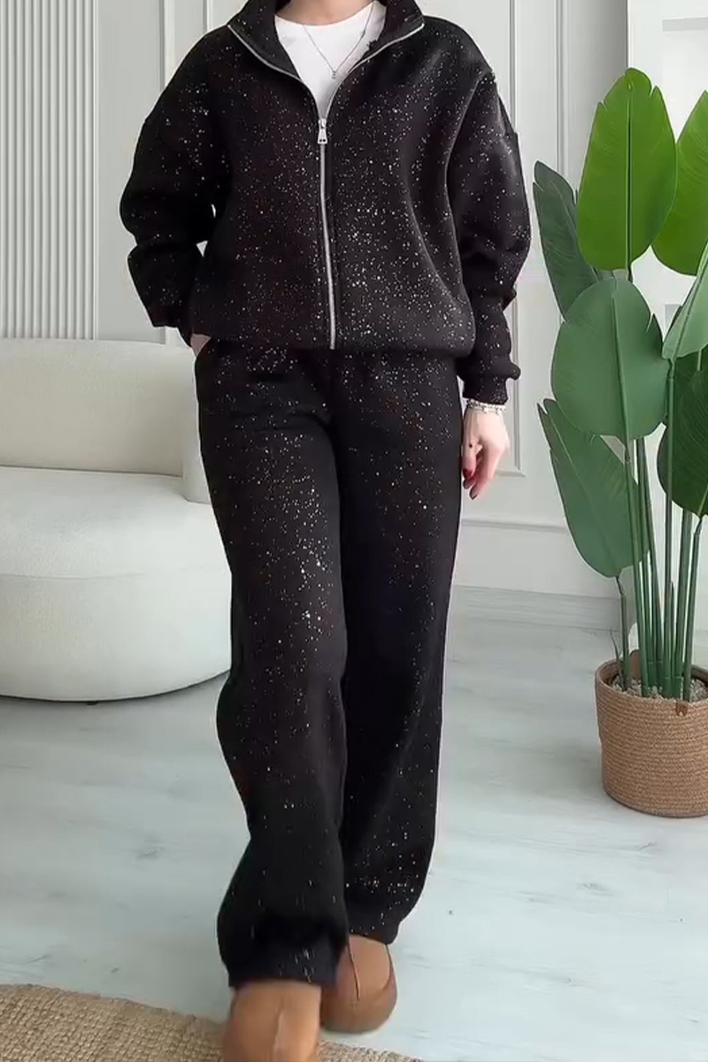 Women's Casual Zipper Sequin Jacket & Pants