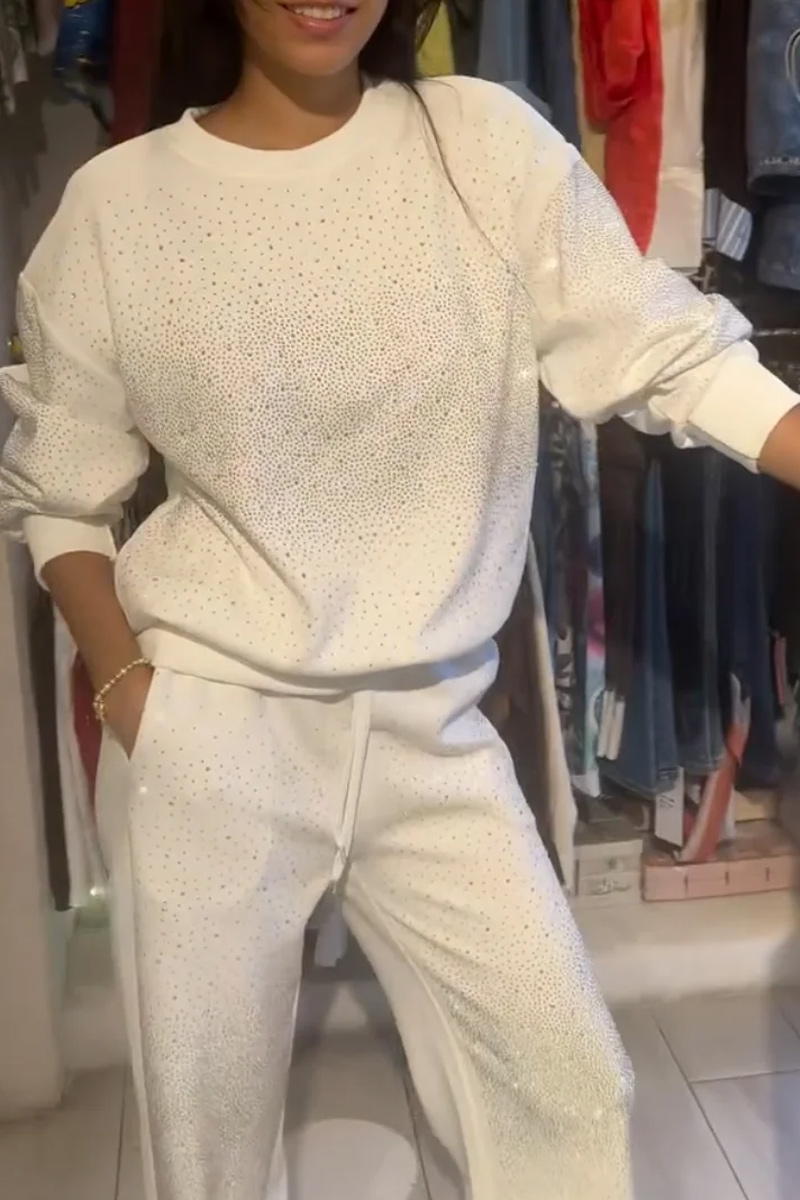Women's Round Neck Rhinestone Fashionable Casual Top And Pants