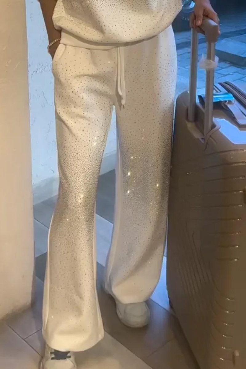 Women's Round Neck Rhinestone Fashionable Casual Top And Pants