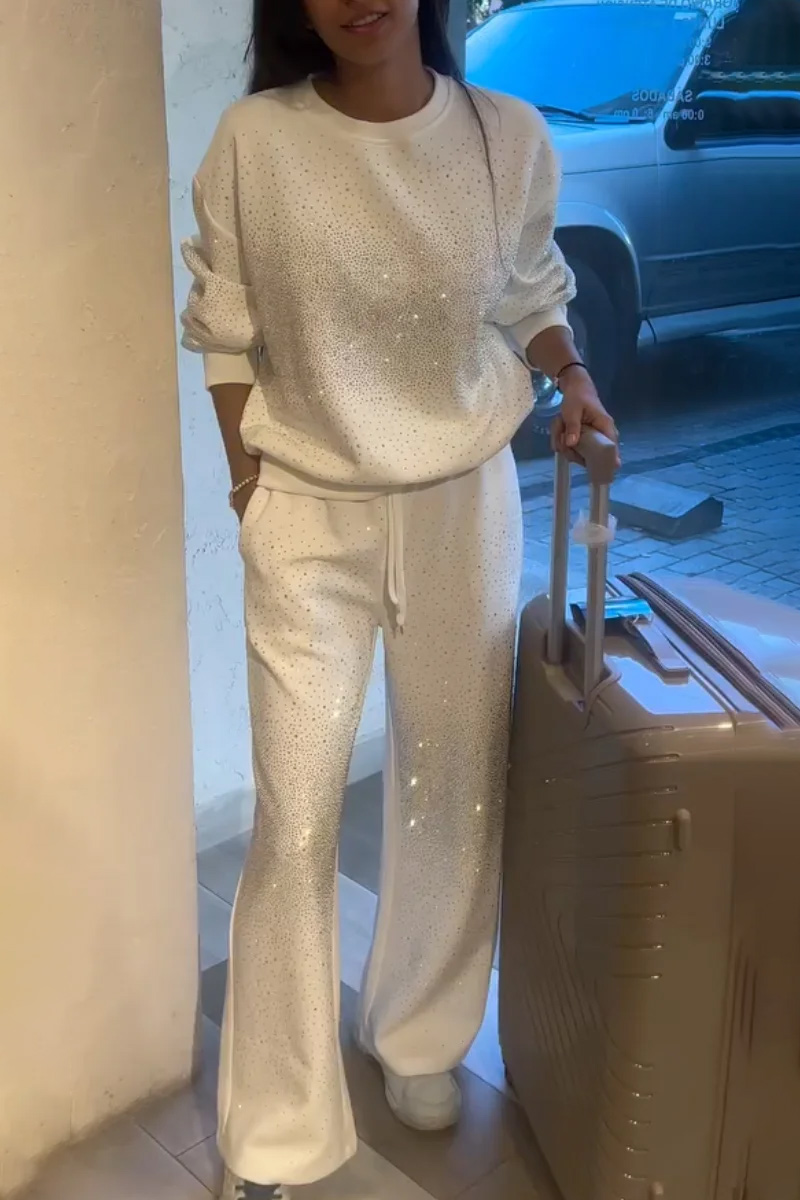 Women's Round Neck Rhinestone Fashionable Casual Top And Pants