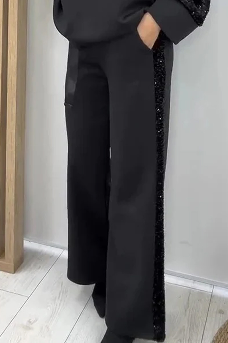 Ladies' Fashionable Sequined Loose Round Neck Top And Casual Pocket Wide Leg Pants