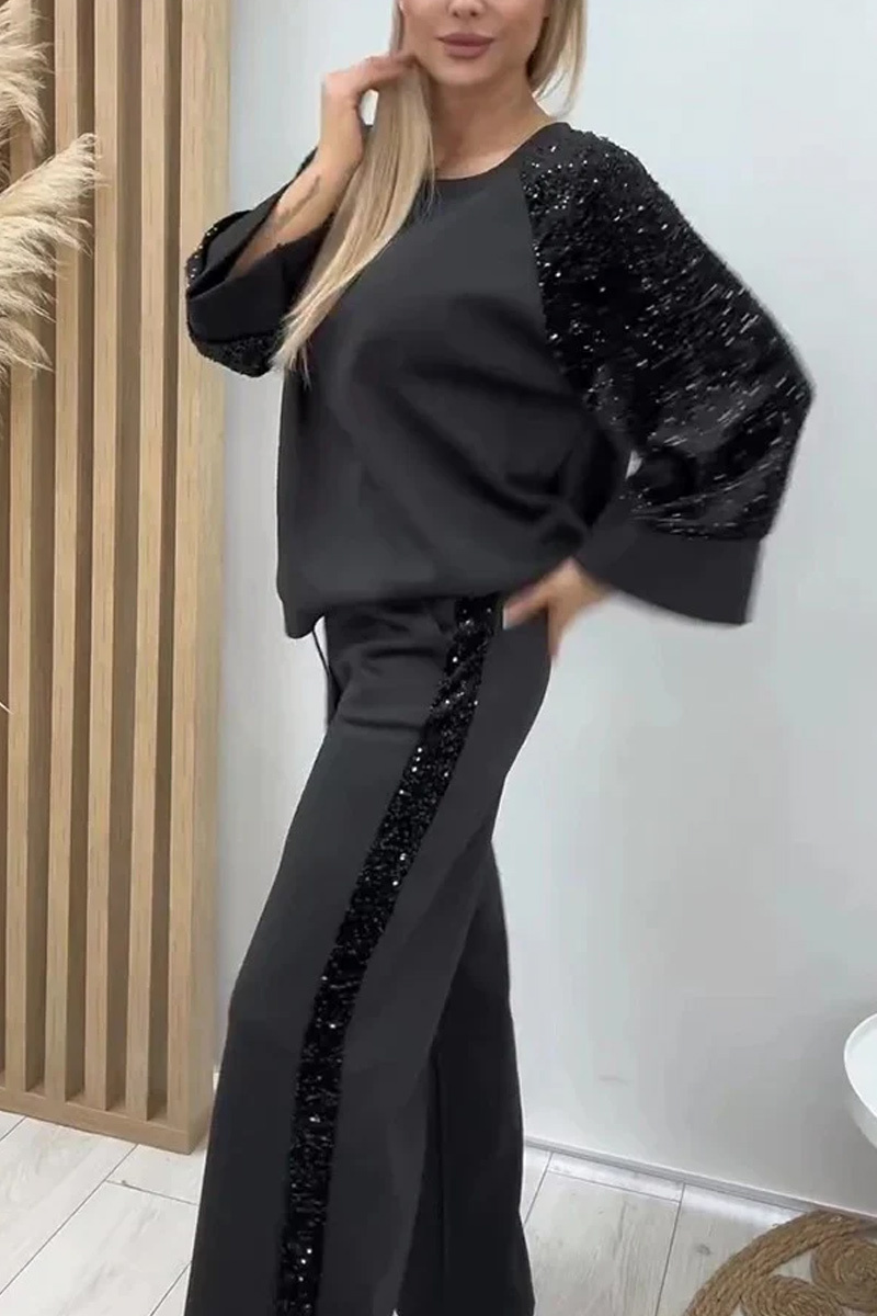 Ladies' Fashionable Sequined Loose Round Neck Top And Casual Pocket Wide Leg Pants