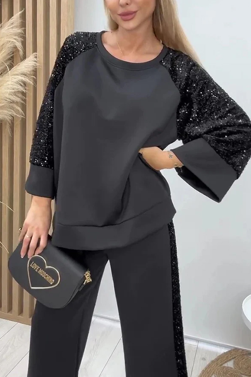 Ladies' Fashionable Sequined Loose Round Neck Top And Casual Pocket Wide Leg Pants