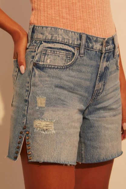 Women's Casual Stud Frayed Hem Denim Short