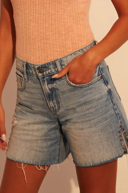 Women's Casual Stud Frayed Hem Denim Short