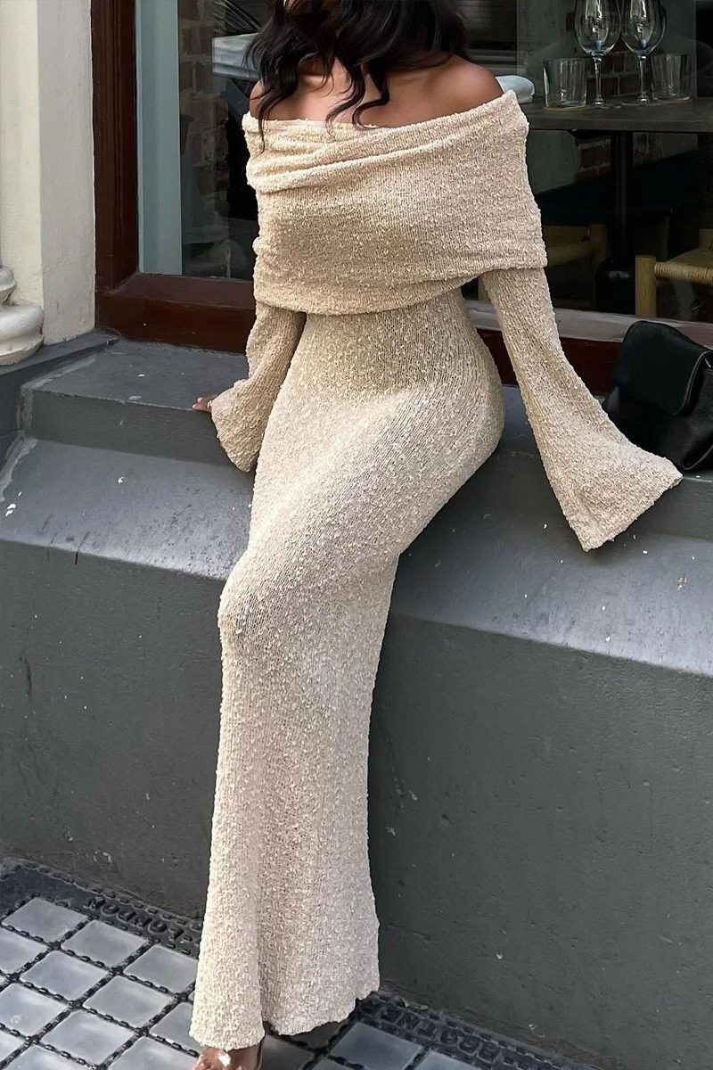 Ladies' Elegant Off Shoulder Knitted Mid Length Dress