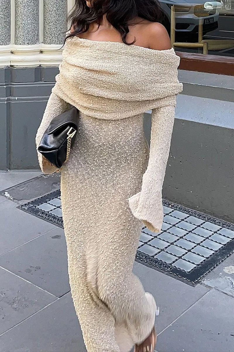 Ladies' Elegant Off Shoulder Knitted Mid Length Dress